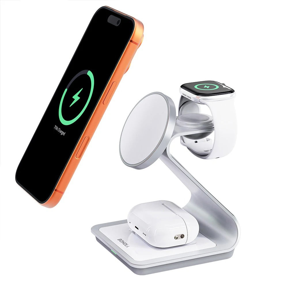 Elite iPhone 3-in-1 Magnetic Wireless Charging Station, 28W Fast-Charge Metal Dock for Phone, Watch & Earbuds with Aluminum Design