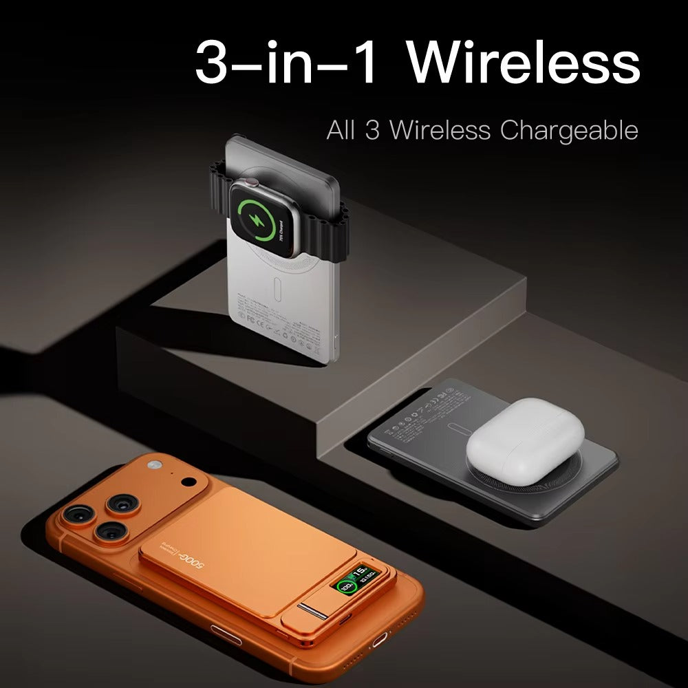 Elite iPhone 3-in-1 Magnetic Wireless Power Bank, 20W Fast-Charge Slim Portable Battery with Built-In Stand, Digital Display & Watch Support
