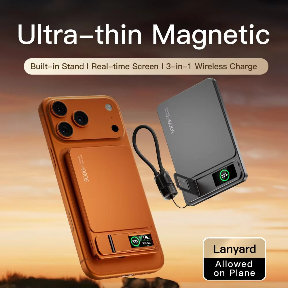 Elite iPhone 3-in-1 Magnetic Wireless Power Bank, 20W Fast-Charge Slim Portable Battery with Built-In Stand, Digital Display & Watch Support