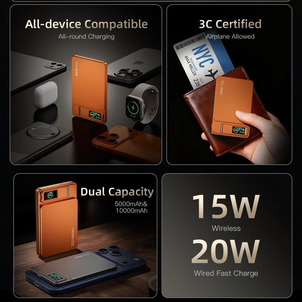 Elite iPhone 3-in-1 Magnetic Wireless Power Bank, 20W Fast-Charge Slim Portable Battery with Built-In Stand, Digital Display & Watch Support