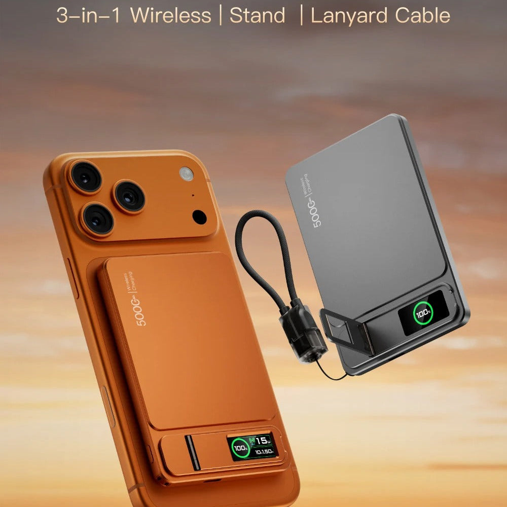 Elite iPhone 3-in-1 Magnetic Wireless Power Bank, 20W Fast-Charge Slim Portable Battery with Built-In Stand, Digital Display & Watch Support