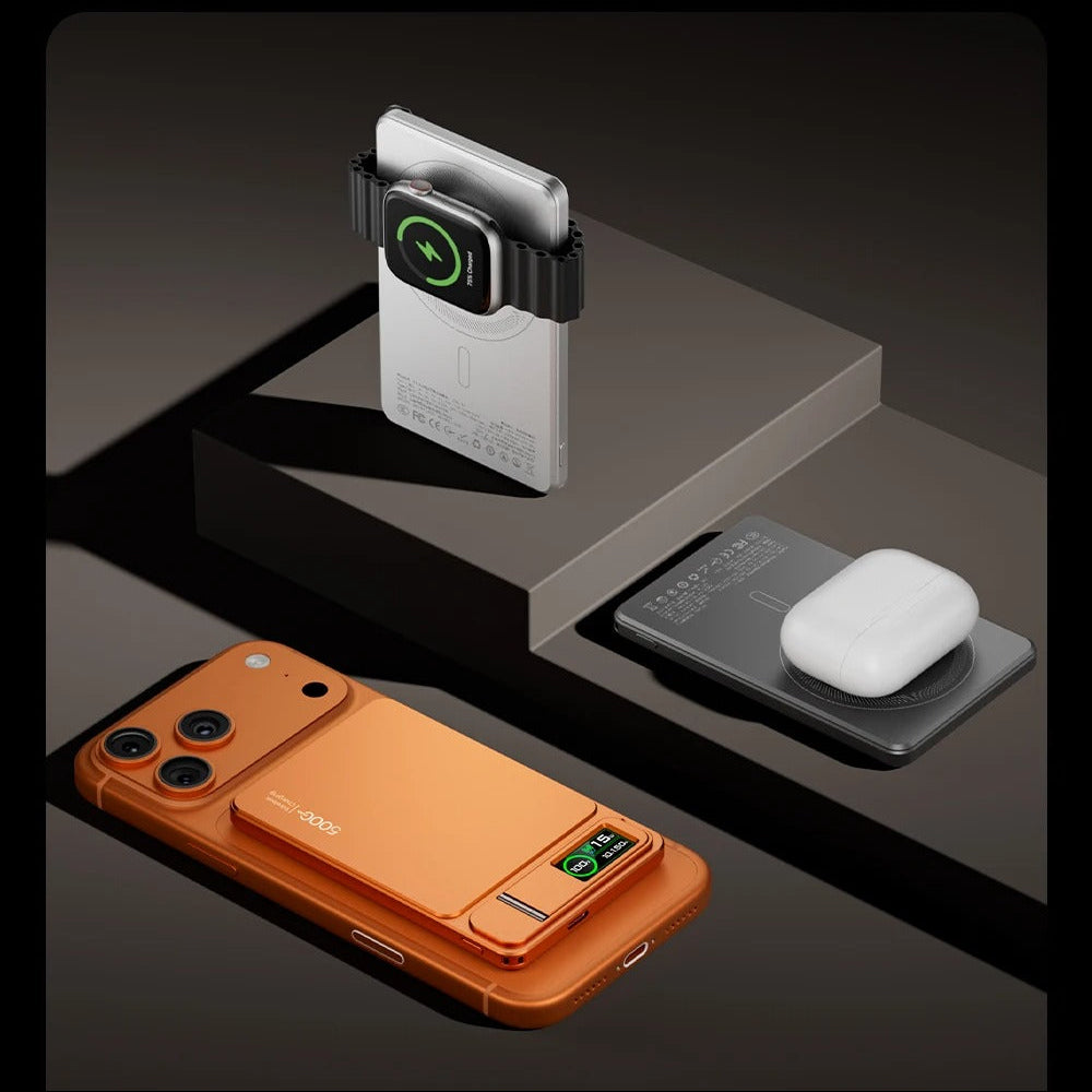 Elite iPhone 3-in-1 Magnetic Wireless Power Bank, 20W Fast-Charge Slim Portable Battery with Built-In Stand, Digital Display & Watch Support