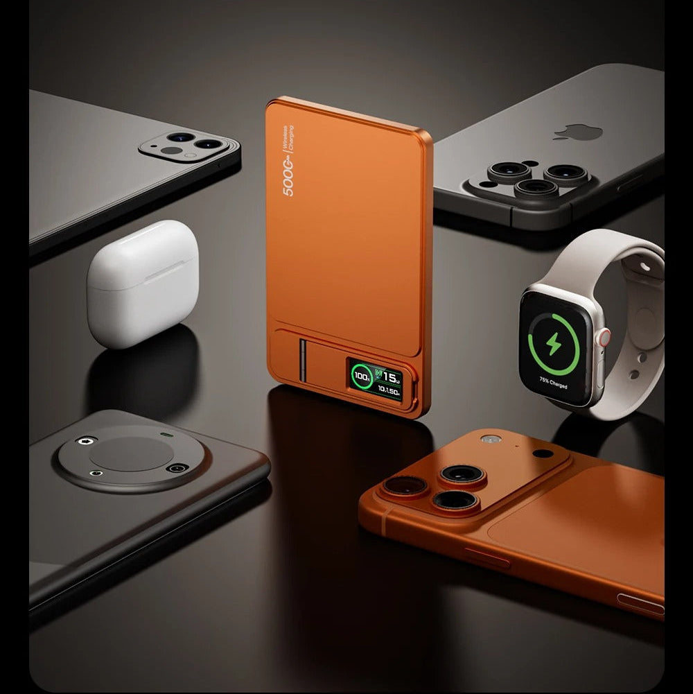Elite iPhone 3-in-1 Magnetic Wireless Power Bank, 20W Fast-Charge Slim Portable Battery with Built-In Stand, Digital Display & Watch Support
