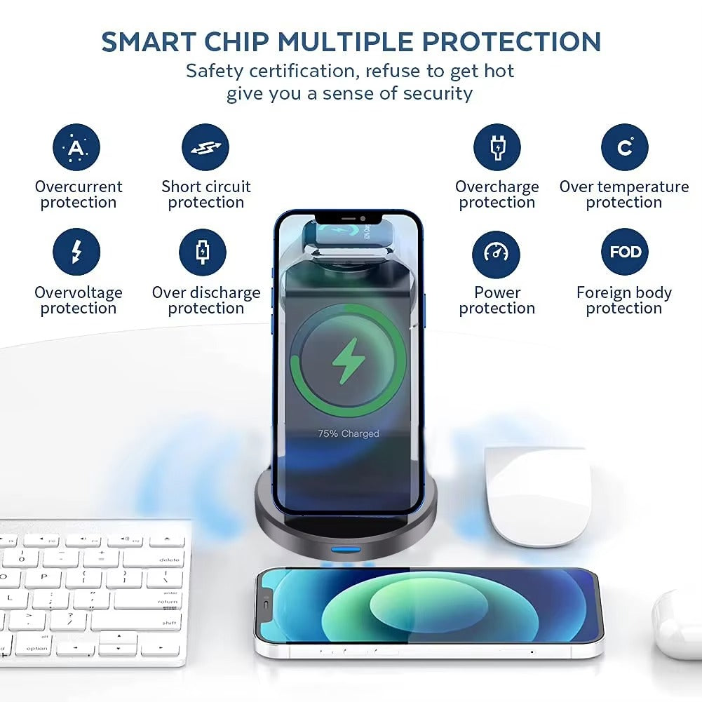 Elite iPhone 3-in-1 Wireless Charging Station, Magnetic 15W Fast-Charge Stand for Phone, Watch & Earbuds with Compact Desktop Design
