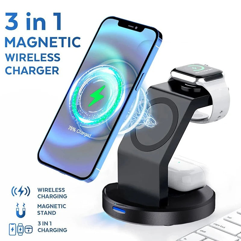 Elite iPhone 3-in-1 Wireless Charging Station, Magnetic 15W Fast-Charge Stand for Phone, Watch & Earbuds with Compact Desktop Design