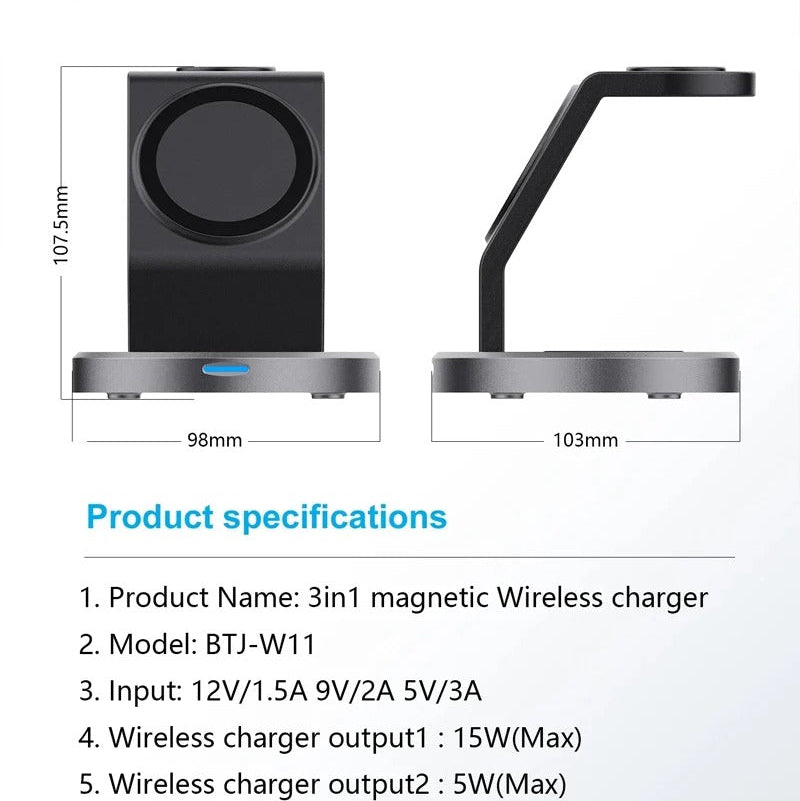 Elite iPhone 3-in-1 Wireless Charging Station, Magnetic 15W Fast-Charge Stand for Phone, Watch & Earbuds with Compact Desktop Design