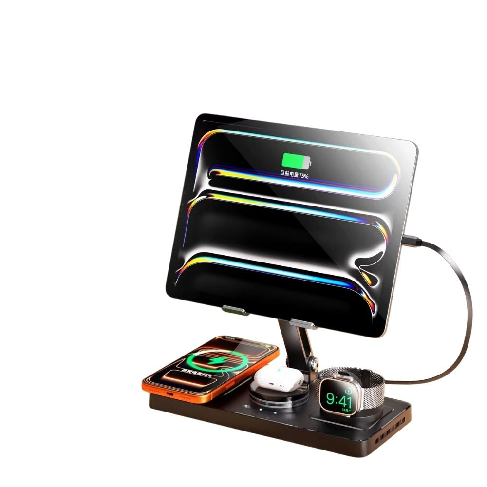Elite iPhone 5-in-1 Magnetic Wireless Charging Station, 30W Fast-Charge Metal Stand for Phone, Watch, Earbuds & Tablet with Retractable USB-C Cable