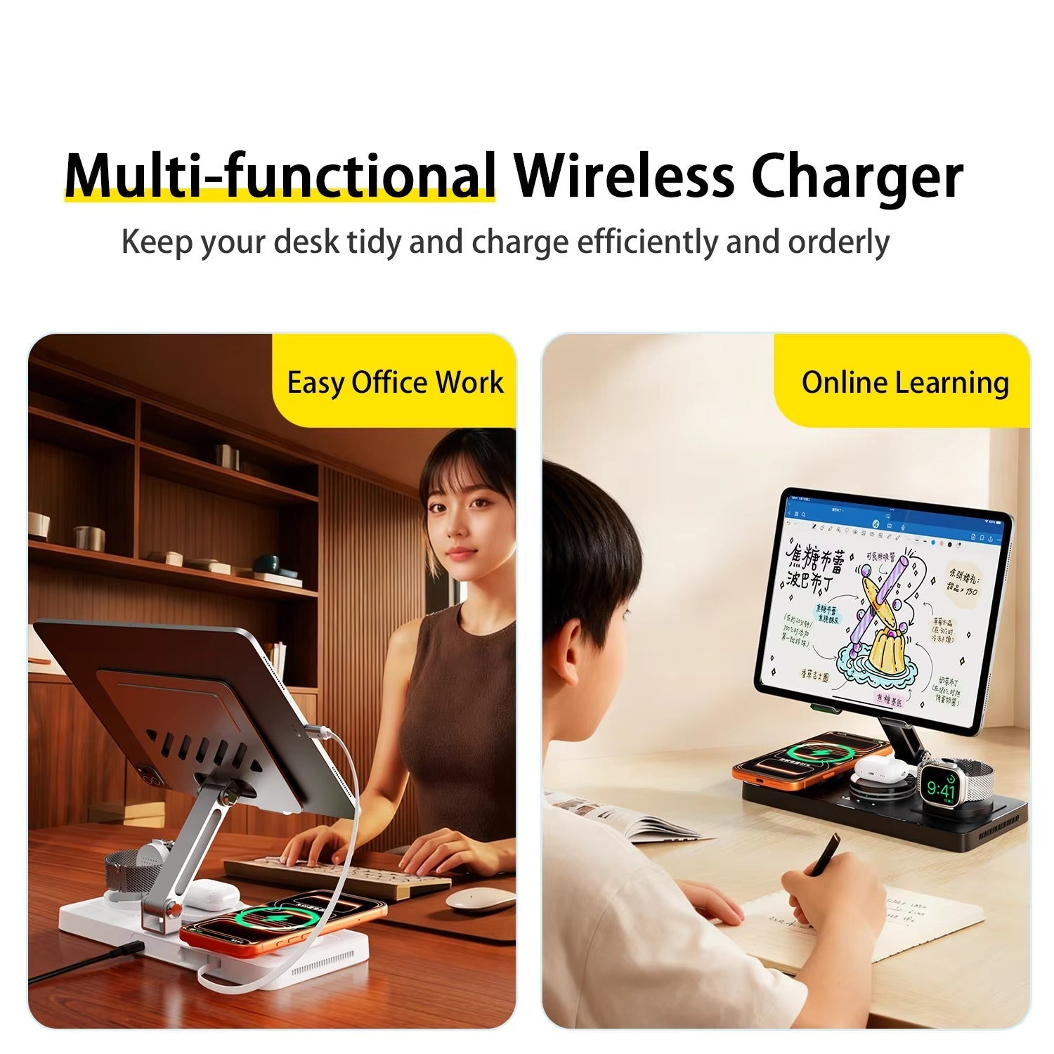 Elite iPhone 5-in-1 Magnetic Wireless Charging Station, 30W Fast-Charge Metal Stand for Phone, Watch, Earbuds & Tablet with Retractable USB-C Cable