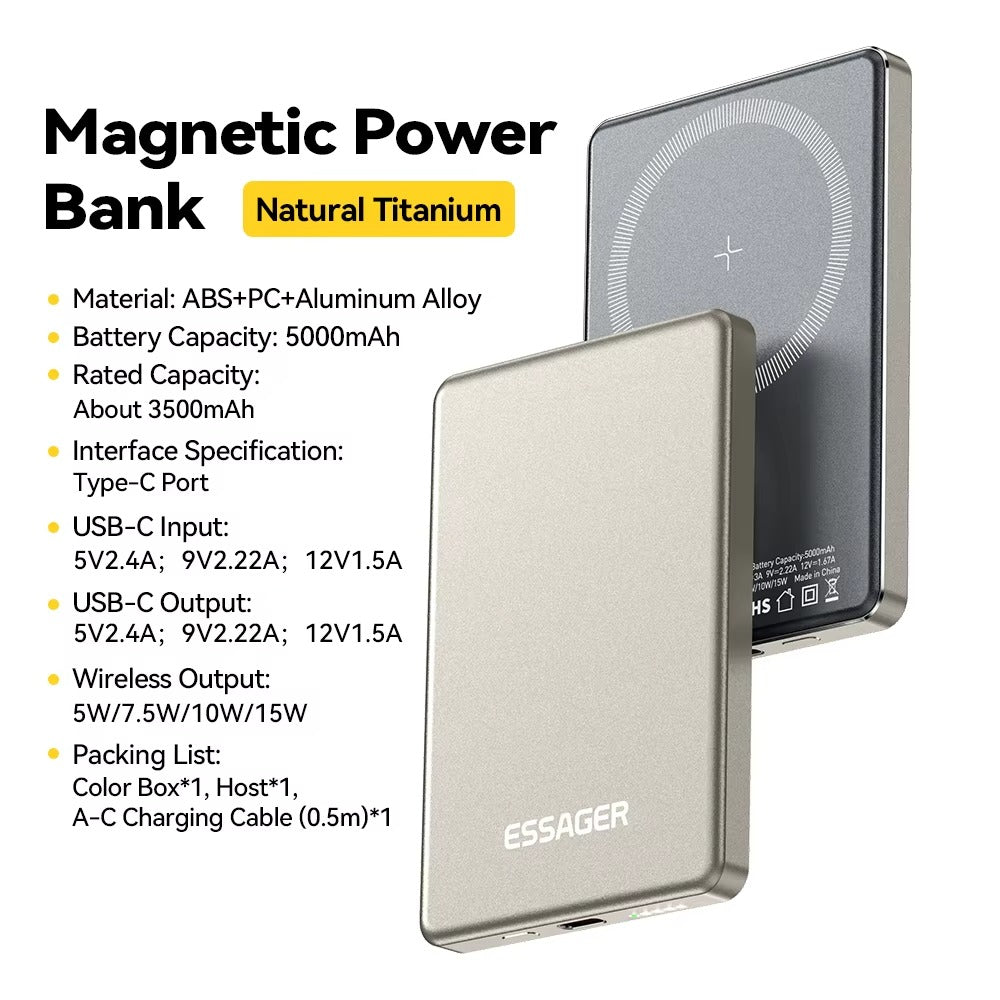 High-Quality Magnetic Wireless Power Bank with 20W Fast Charging, 5000mAh Ultra-Thin Portable Battery & Type-C Input/Output