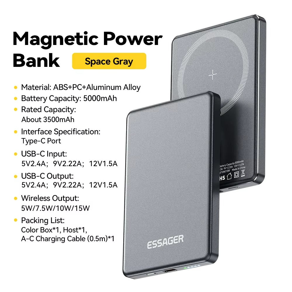 High-Quality Magnetic Wireless Power Bank with 20W Fast Charging, 5000mAh Ultra-Thin Portable Battery & Type-C Input/Output