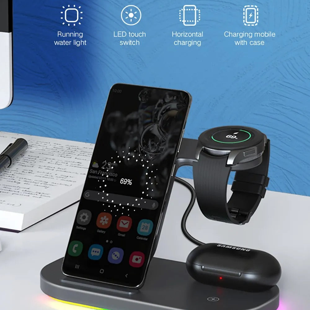 High-Quality Wireless Charging Dock Station, 15W Qi Fast-Charge Stand for Phones, Smart Watches & Earbuds with LED Indicator and Magnetic Holder