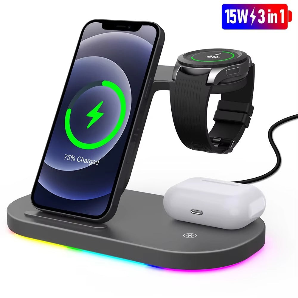 High-Quality Wireless Charging Dock Station, 15W Qi Fast-Charge Stand for Phones, Smart Watches & Earbuds with LED Indicator and Magnetic Holder