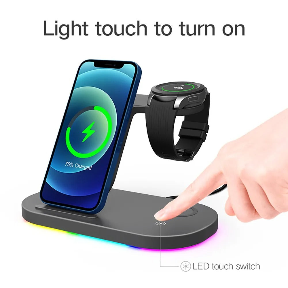 High-Quality Wireless Charging Dock Station, 15W Qi Fast-Charge Stand for Phones, Smart Watches & Earbuds with LED Indicator and Magnetic Holder