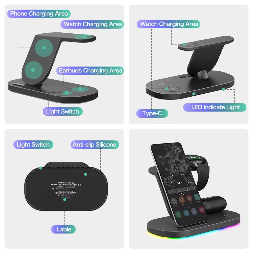 High-Quality Wireless Charging Dock Station, 15W Qi Fast-Charge Stand for Phones, Smart Watches & Earbuds with LED Indicator and Magnetic Holder