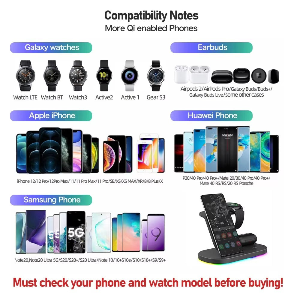 High-Quality Wireless Charging Dock Station, 15W Qi Fast-Charge Stand for Phones, Smart Watches & Earbuds with LED Indicator and Magnetic Holder