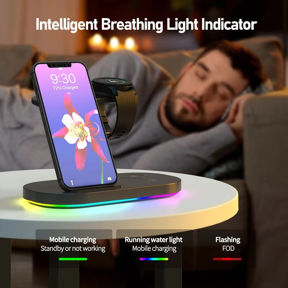 High-Quality Wireless Charging Dock Station, 15W Qi Fast-Charge Stand for Phones, Smart Watches & Earbuds with LED Indicator and Magnetic Holder