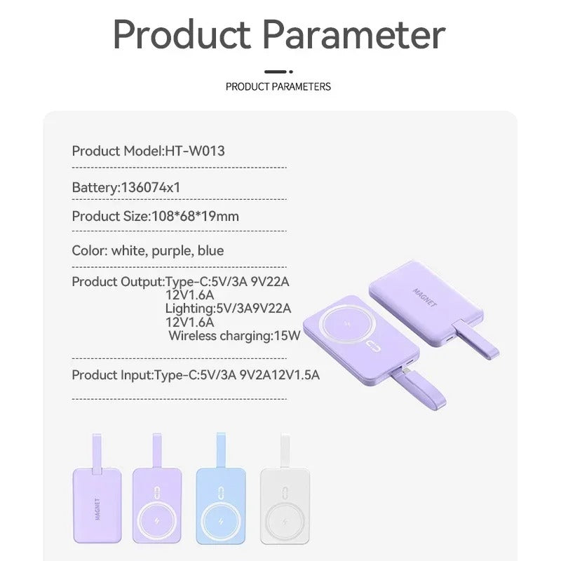 High-Quality Wireless Power Bank with LED Display, 23W Fast-Charge Portable Battery Featuring Built-In Cables, Flashlight & Hand Warmer