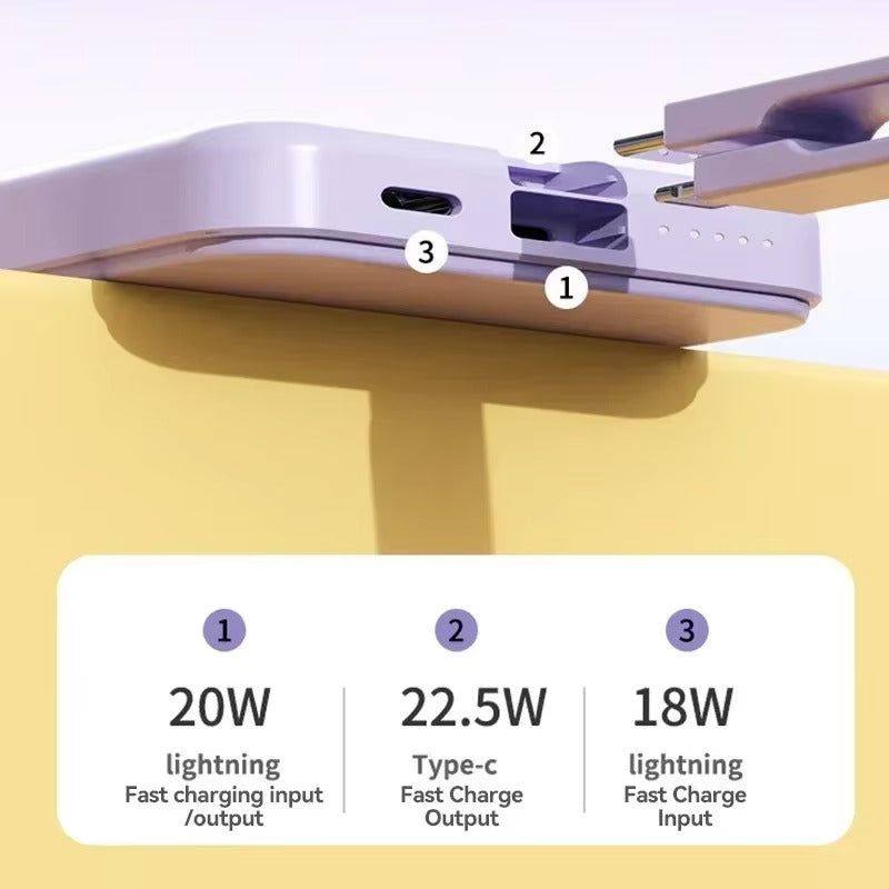 High-Quality Wireless Power Bank with LED Display, 23W Fast-Charge Portable Battery Featuring Built-In Cables, Flashlight & Hand Warmer