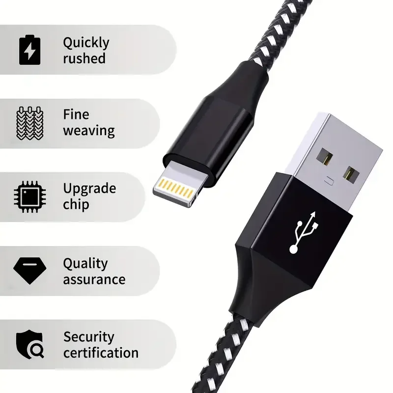 High-Quality iPhone USB-A to Lightning Charging Cable, 12W Fast-Charge Nylon Braided Data Cable with Durable 2.4A Output