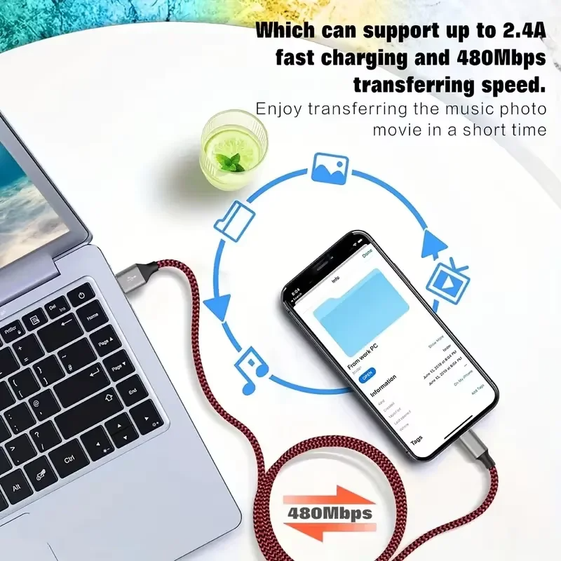 High-Quality iPhone USB-A to Lightning Charging Cable, 12W Fast-Charge Nylon Braided Data Cable with Durable 2.4A Output