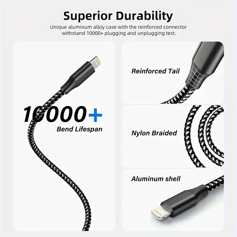 High-Quality iPhone USB-A to Lightning Charging Cable, 12W Fast-Charge Nylon Braided Data Cable with Durable 2.4A Output
