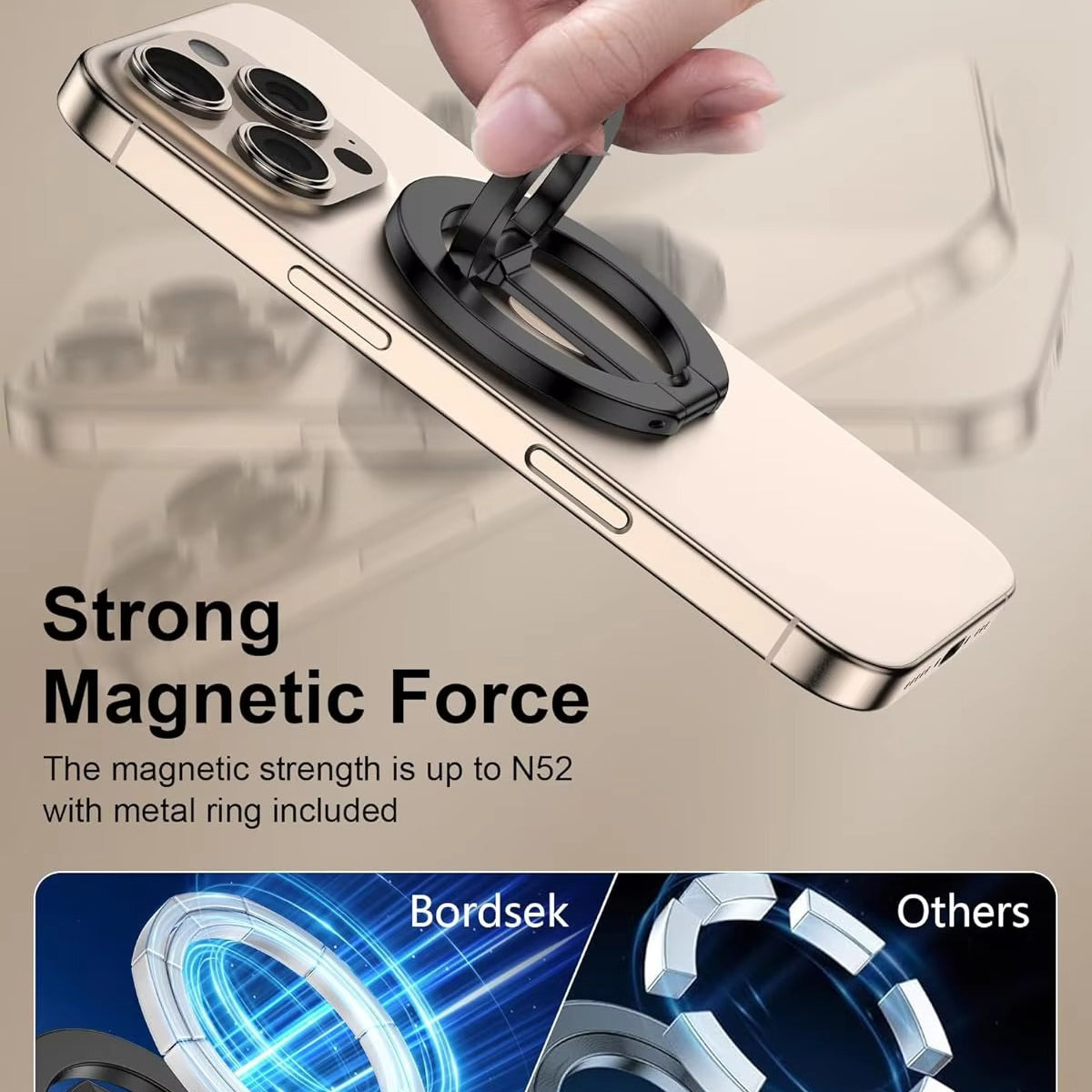 Impact-Ready iPhone Double-Sided Magnetic Ring Holder, MagSafe Phone Grip Stand with Dual-Magnet Support & Secure Finger Hold