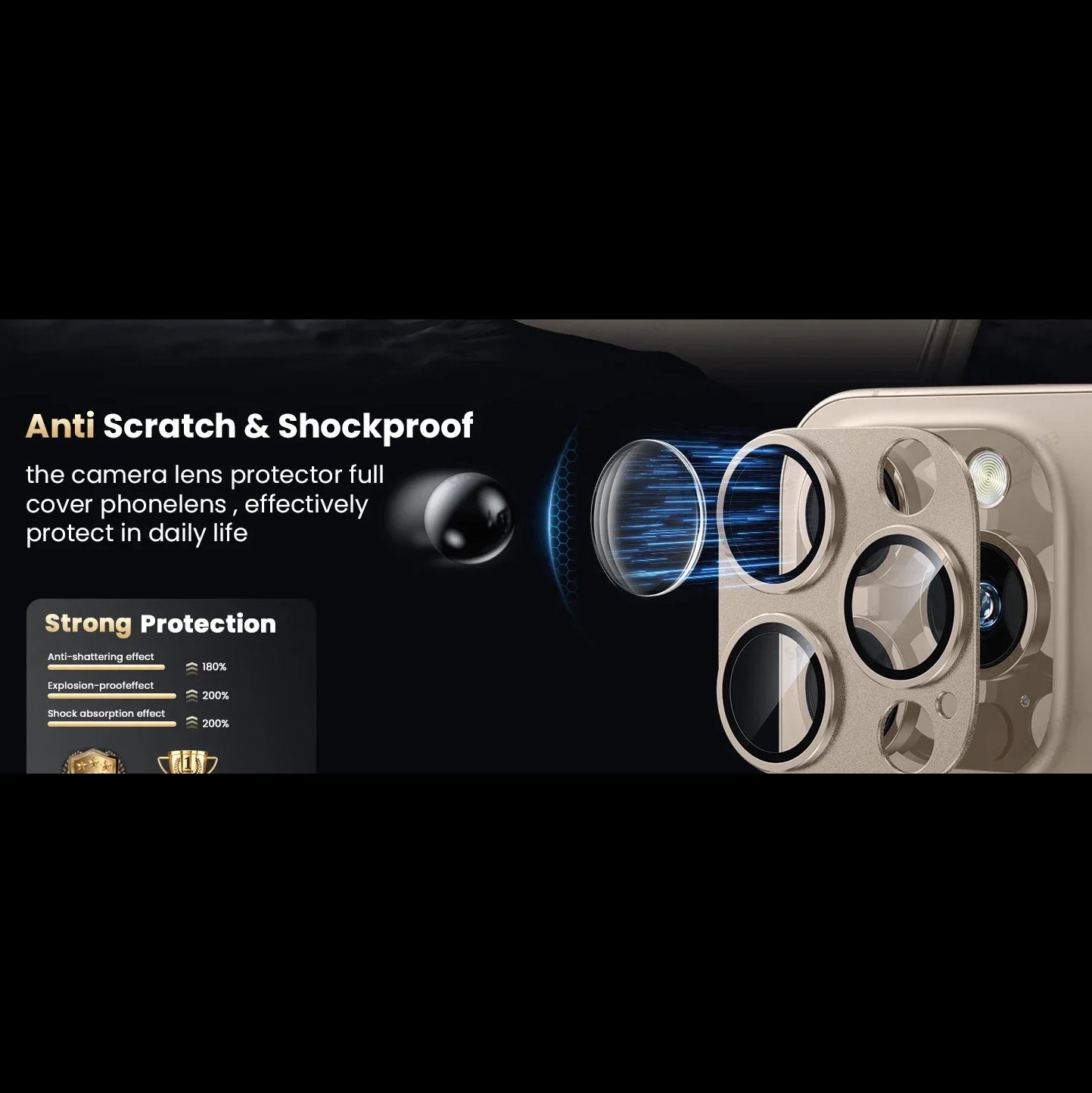 Impact-Ready iPhone Full-Cover Metal Camera Lens Protector, Tempered Glass Lens Cover with Metal Ring, Scratch Resistance & Shatter Protection