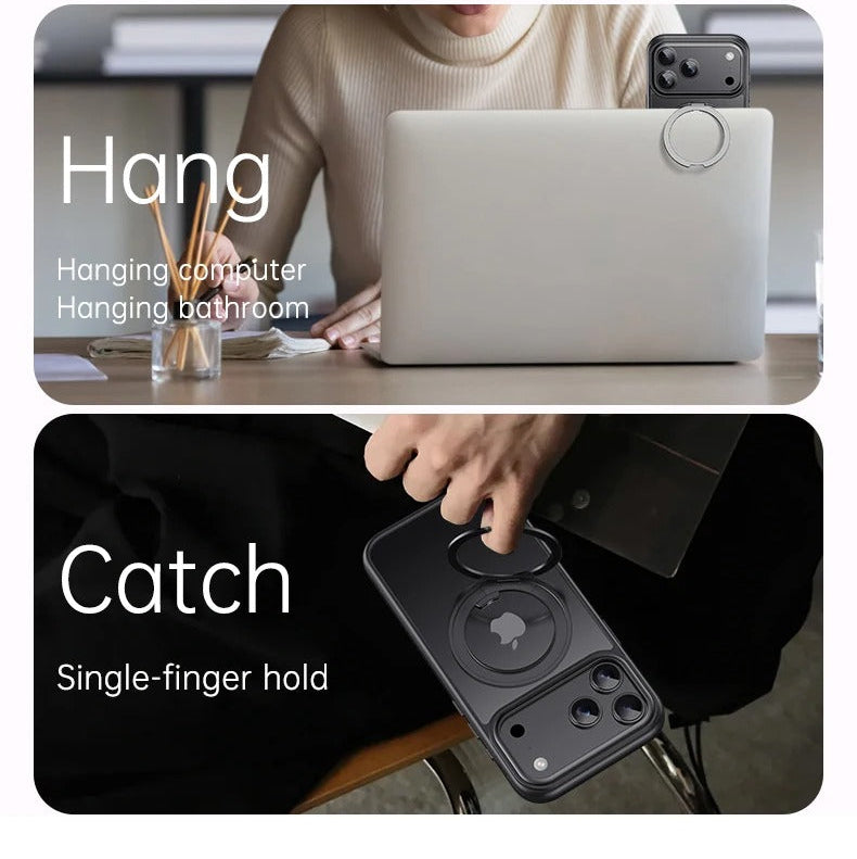 Luxury iPhone Case — 360° Rotating Magnetic MagSafe Compatible PC+Metal Half-Wrapped Cover with Stand Holder, Shockproof, Anti-Fingerprint, Non-Slip Design