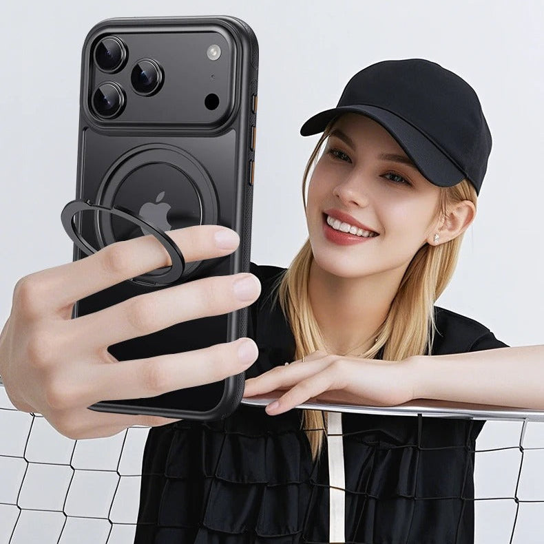 Luxury iPhone Case — 360° Rotating Magnetic MagSafe Compatible PC+Metal Half-Wrapped Cover with Stand Holder, Shockproof, Anti-Fingerprint, Non-Slip Design