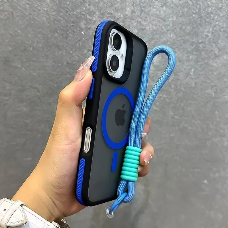 Luxury Dual-Color Magnetic iPhone Case — Magsafe Compatible Half-Wrapped Cover with Wrist Strap, Shockproof, Anti-Fingerprint, Non-Slip, Matte Finish