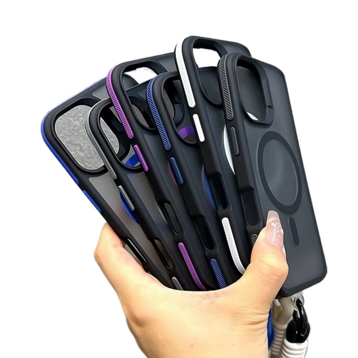 Luxury Dual-Color Magnetic iPhone Case — Magsafe Compatible Half-Wrapped Cover with Wrist Strap, Shockproof, Anti-Fingerprint, Non-Slip, Matte Finish