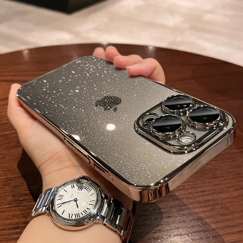 Luxury Glitter Transparent iPhone Case — Slim Hard PC Cover with Anti-Fingerprint, Anti-Scratch, Dustproof, Non-Slip Design, Clear Plating Camera Protection