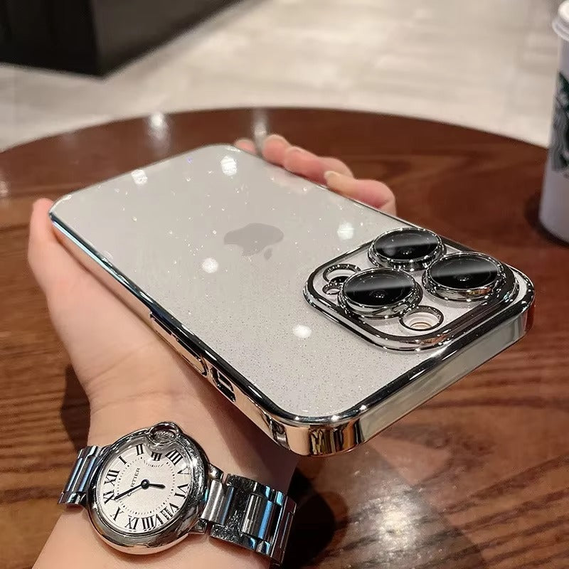 Luxury Glitter Transparent iPhone Case — Slim Hard PC Cover with Anti-Fingerprint, Anti-Scratch, Dustproof, Non-Slip Design, Clear Plating Camera Protection