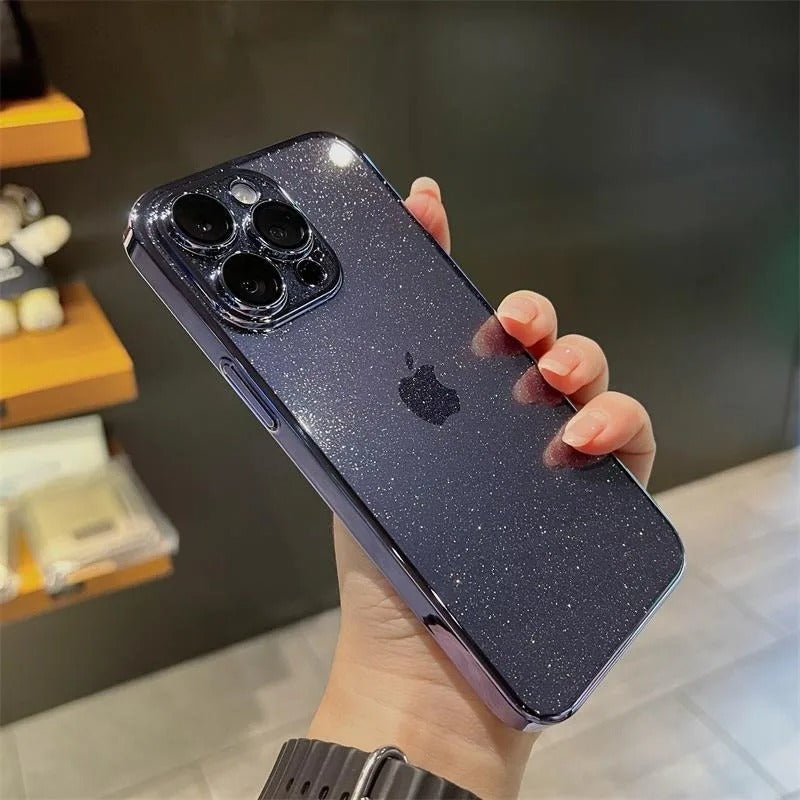 Luxury Glitter Transparent iPhone Case — Slim Hard PC Cover with Anti-Fingerprint, Anti-Scratch, Dustproof, Non-Slip Design, Clear Plating Camera Protection