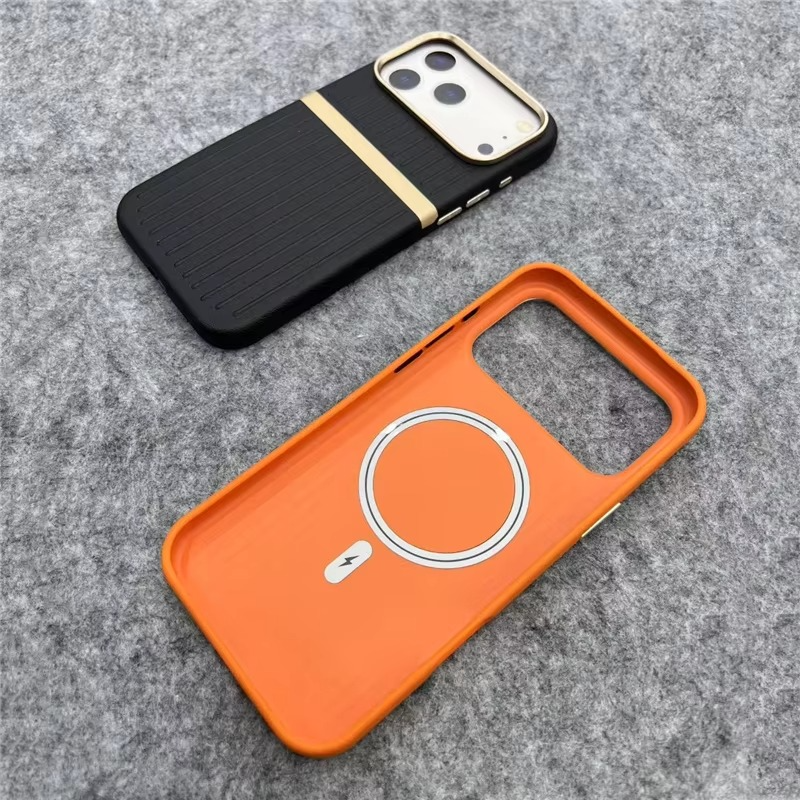 Luxury MagSafe Leather iPhone Case — 3D Stripe Shockproof Full Coverage with Alloy Lens Protection, Anti-Fingerprint Matte Texture Design