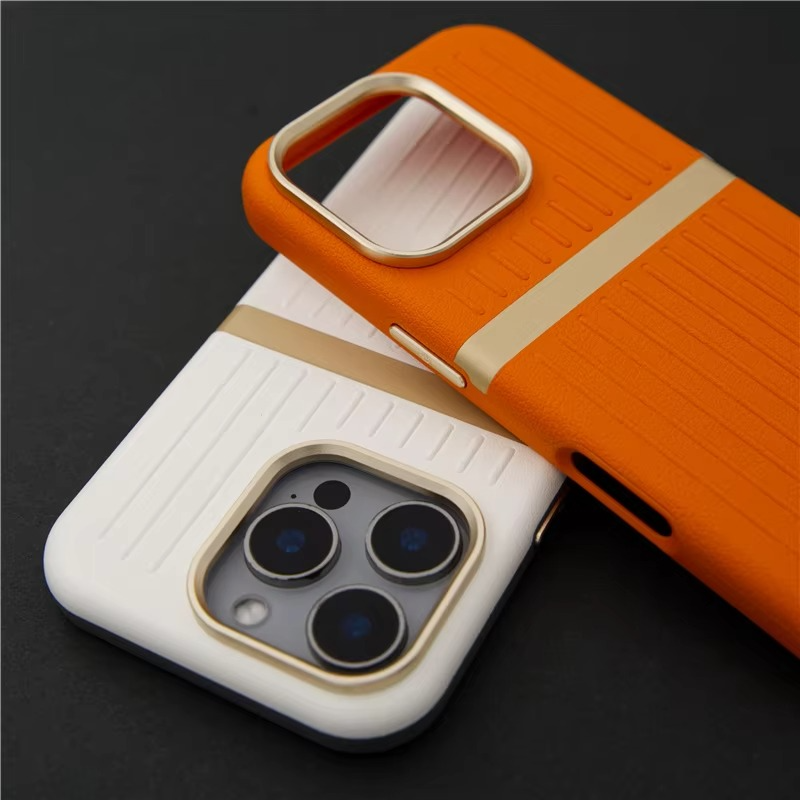 Luxury MagSafe Leather iPhone Case — 3D Stripe Shockproof Full Coverage with Alloy Lens Protection, Anti-Fingerprint Matte Texture Design