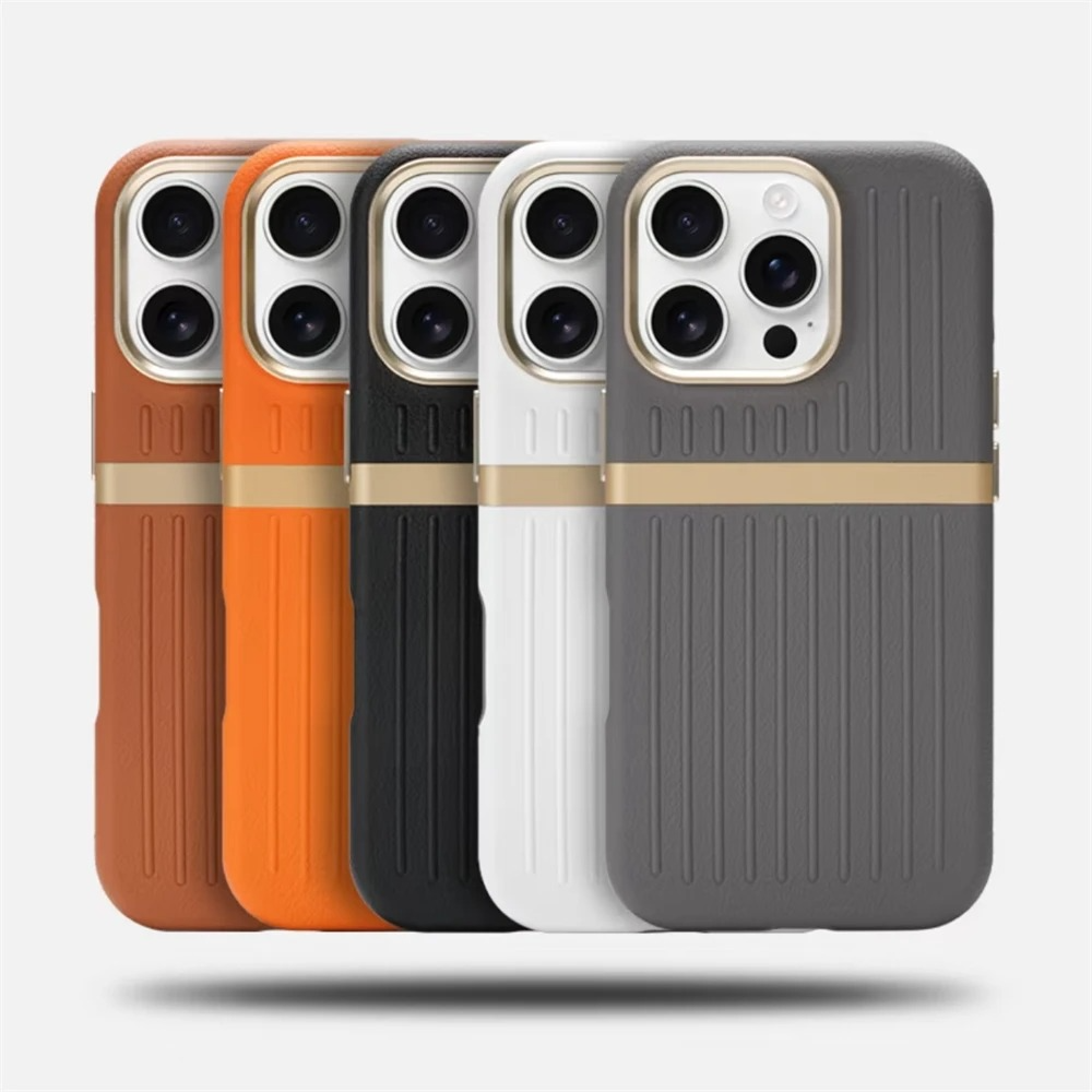 Luxury MagSafe Leather iPhone Case — 3D Stripe Shockproof Full Coverage with Alloy Lens Protection, Anti-Fingerprint Matte Texture Design