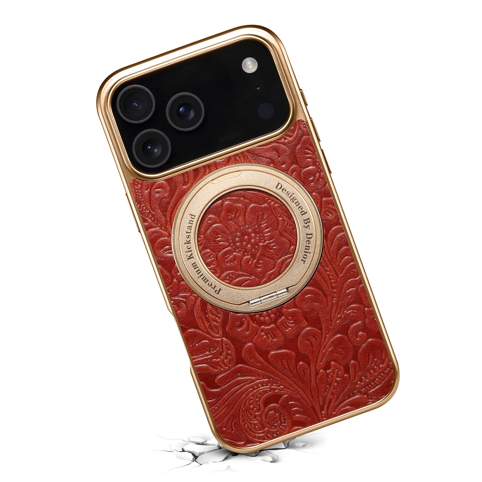 Luxury Magnetic Leather iPhone Case — Retro Tang Floral Cowhide Design with Electroplated Gear Kickstand, Full Coverage Protective Cover