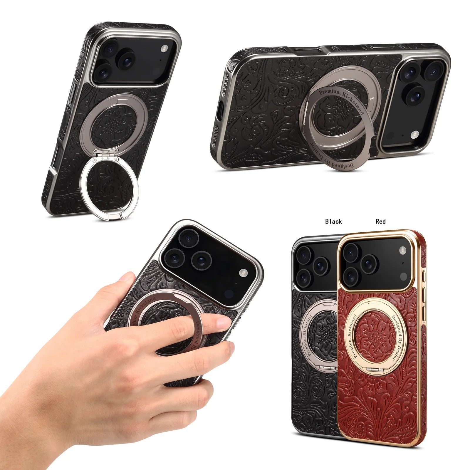 Luxury Magnetic Leather iPhone Case — Retro Tang Floral Cowhide Design with Electroplated Gear Kickstand, Full Coverage Protective Cover