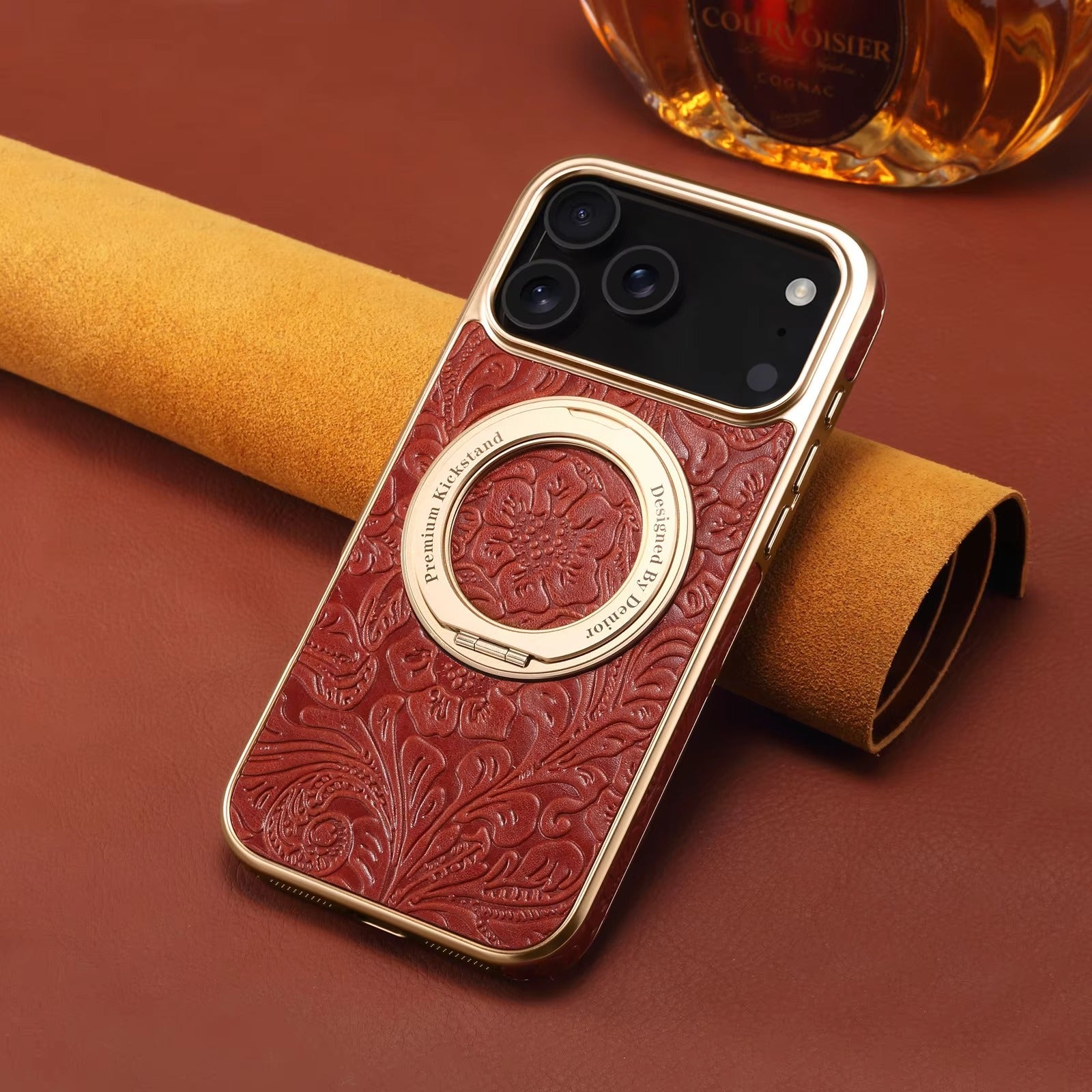 Luxury Magnetic Leather iPhone Case — Retro Tang Floral Cowhide Design with Electroplated Gear Kickstand, Full Coverage Protective Cover