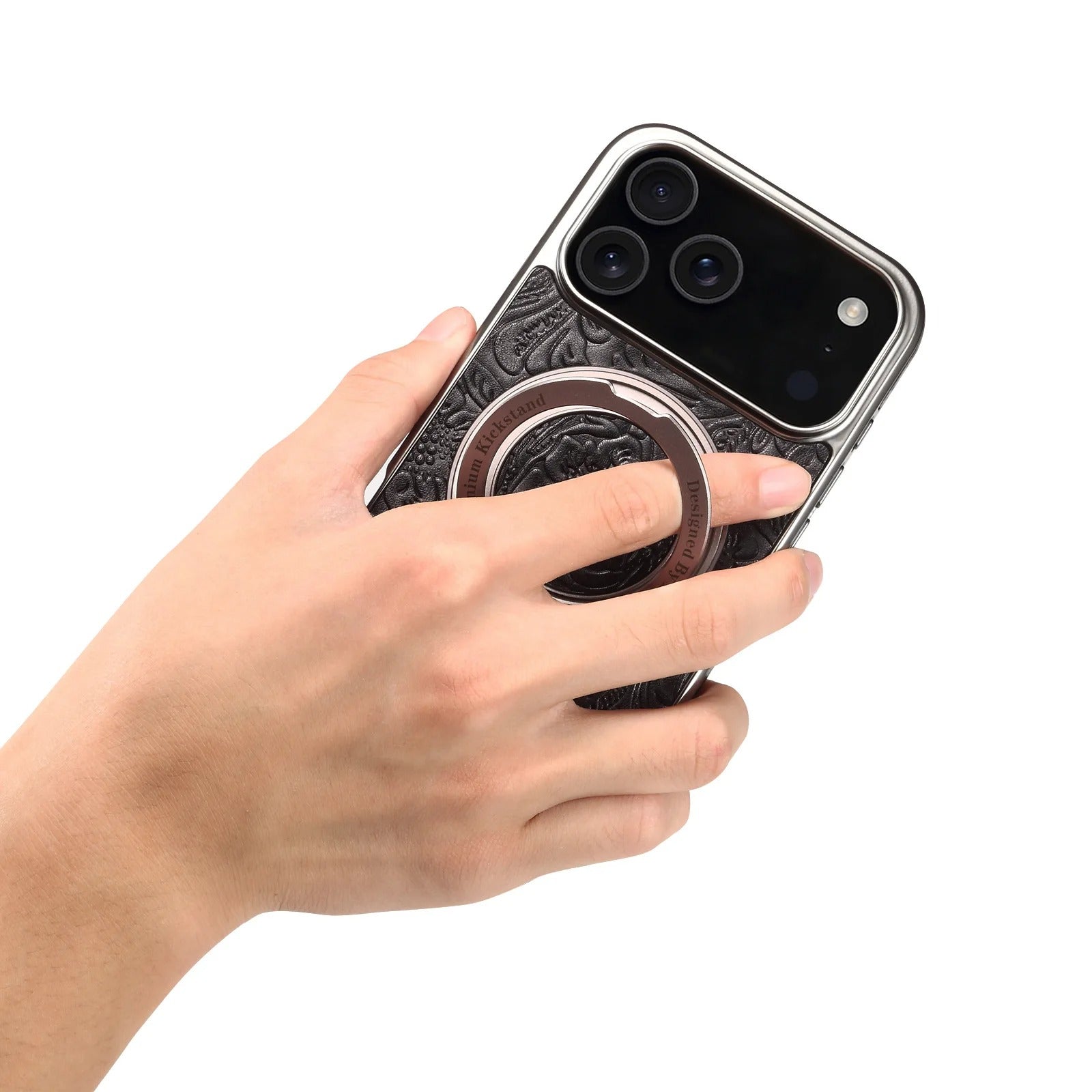 Luxury Magnetic Leather iPhone Case — Retro Tang Floral Cowhide Design with Electroplated Gear Kickstand, Full Coverage Protective Cover