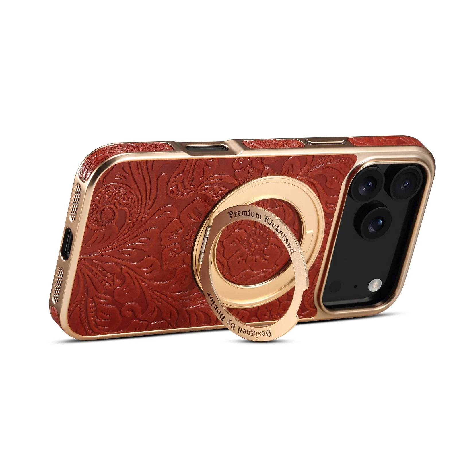 Luxury Magnetic Leather iPhone Case — Retro Tang Floral Cowhide Design with Electroplated Gear Kickstand, Full Coverage Protective Cover