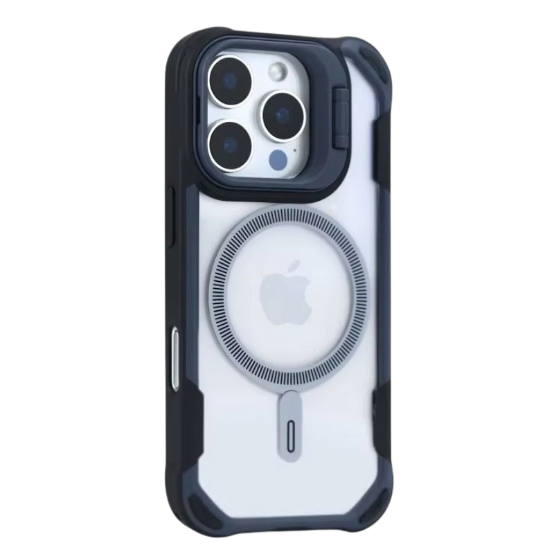 Luxury iPhone Case — Magnetic Shockproof Armor Bumper with Foldable Lens Stand Protection, Matte Anti-Fingerprint Finish, Secure Grip and Wireless-Charging Compatible Design