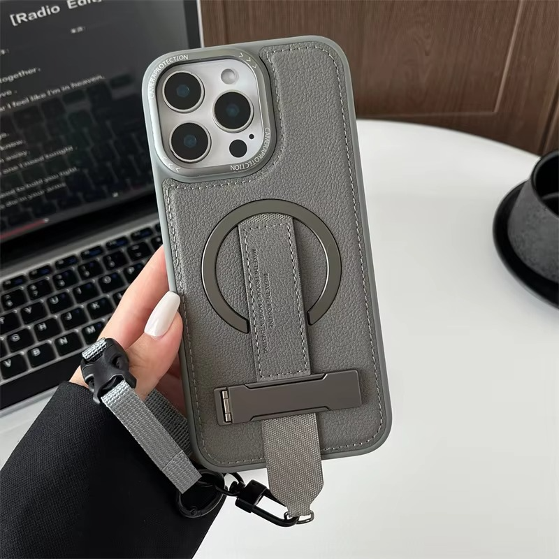 Luxury Magnetic iPhone Case — Shockproof Leather Cover with Crossbody Wrist Strap Rope Holder, Bracket Stand, Full Lens & All-Around Protection