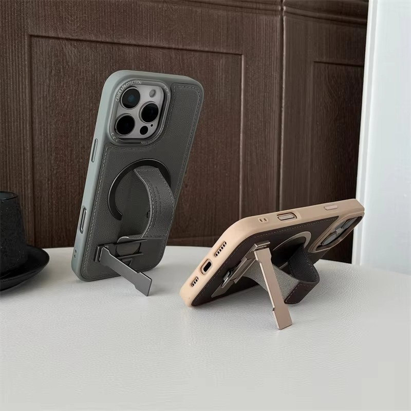 Luxury Magnetic iPhone Case — Shockproof Leather Cover with Crossbody Wrist Strap Rope Holder, Bracket Stand, Full Lens & All-Around Protection