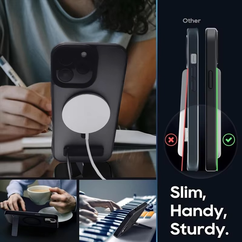 Luxury Magnetic iPhone Case with Kickstand — Translucent PC Cover, Dual Layer Protection, Anti-Fingerprint, Wireless Charging Compatible