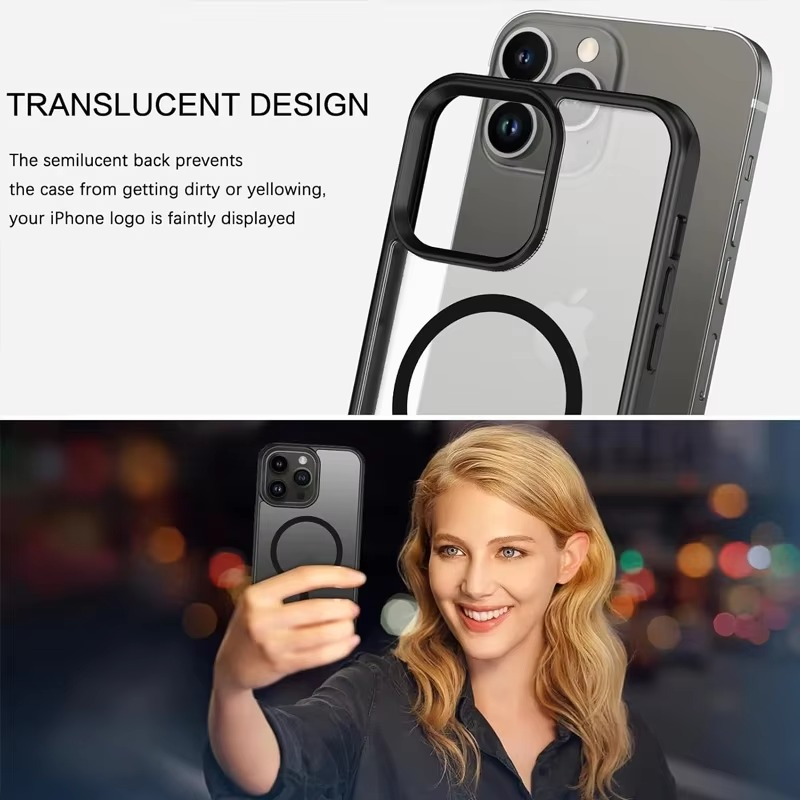Luxury Magnetic iPhone Case with Kickstand — Translucent PC Cover, Dual Layer Protection, Anti-Fingerprint, Wireless Charging Compatible