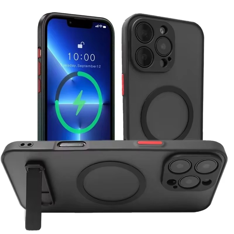 Luxury Magnetic iPhone Case with Kickstand — Translucent PC Cover, Dual Layer Protection, Anti-Fingerprint, Wireless Charging Compatible