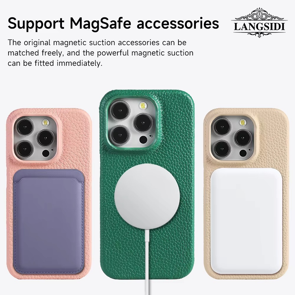 Luxury iPhone Case — MagSafe Magnetic Genuine Cowhide Lychee Leather Back Cover, Shockproof, Anti-Fingerprint, Dustproof, Full Protection