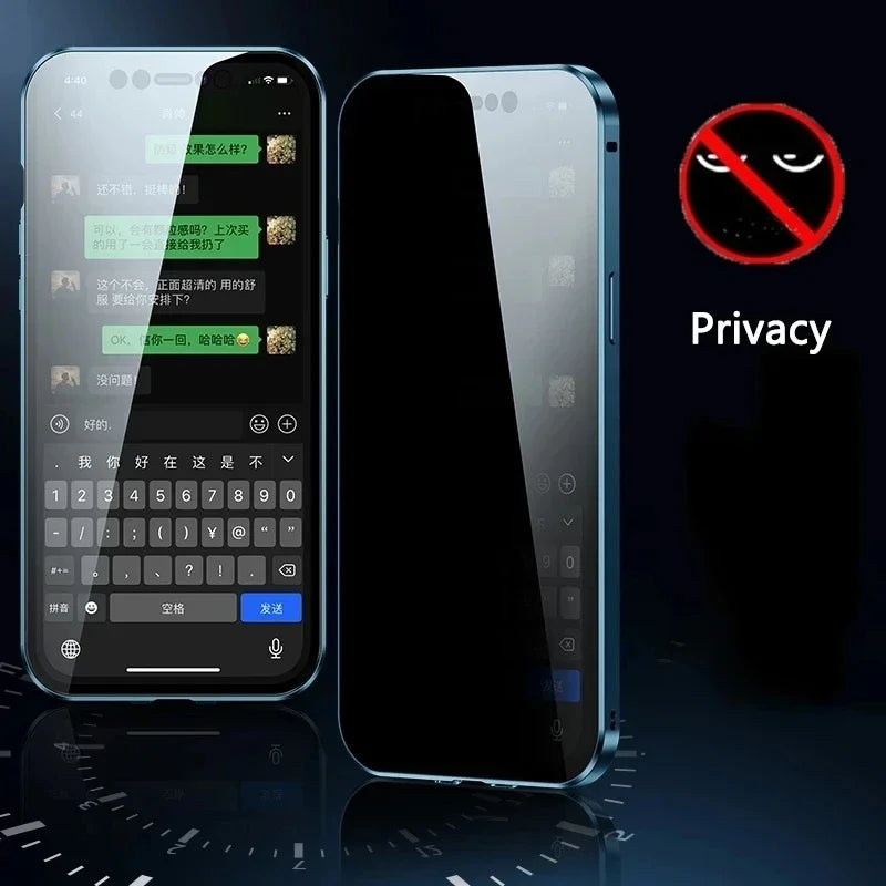 Luxury Metal Magnetic Privacy iPhone Case — 360° Shockproof Full Coverage, Anti-Scratch, Non-Slip, Lightweight Tempered Glass Cover